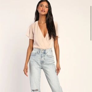 Sweetest of all pale pink Swiss dot flutter sleeve bodysuit from Lulus.